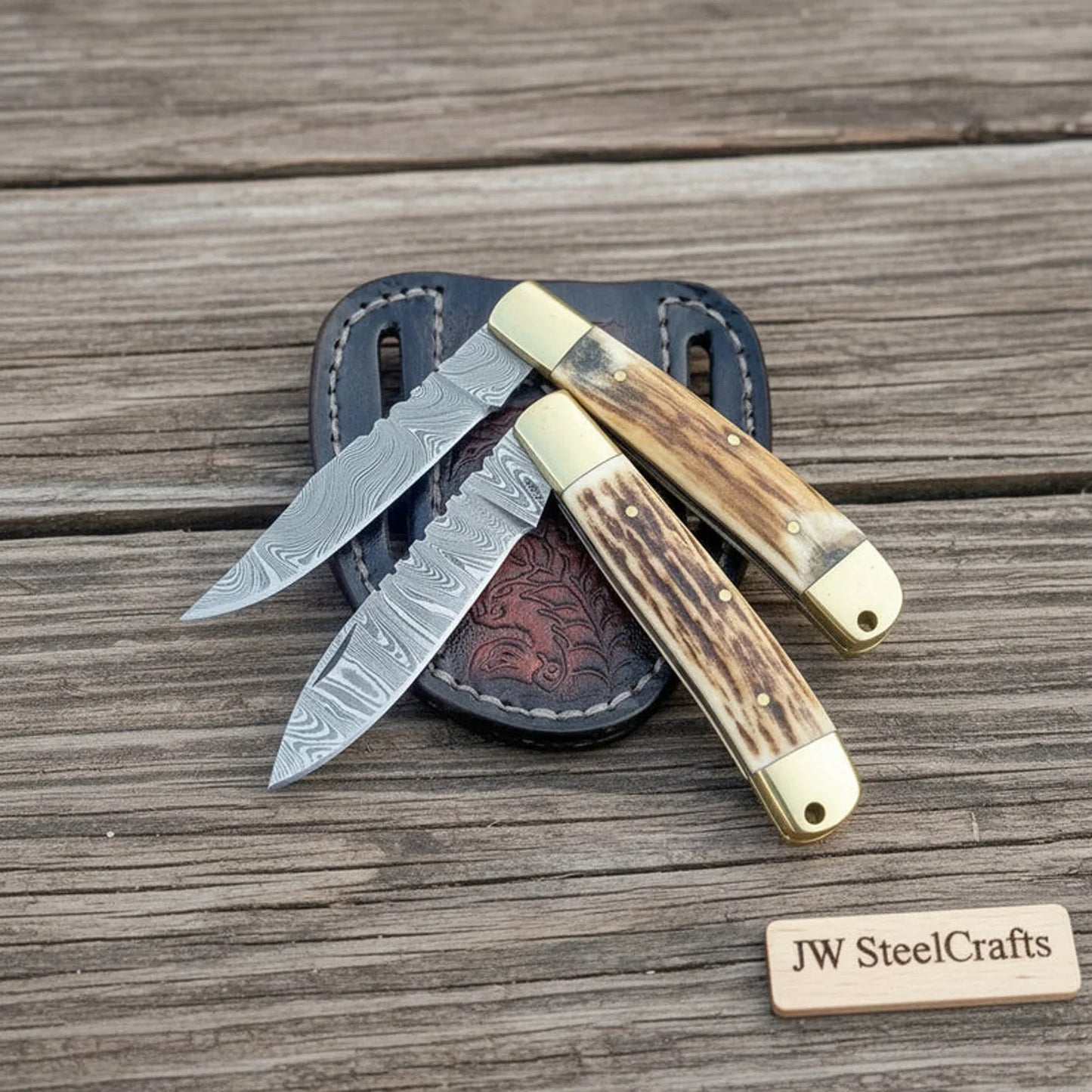 JW SteelCrafts Damascus Stag Lockback Folding Knife Set – 2-Piece Handmade Trapper Pair