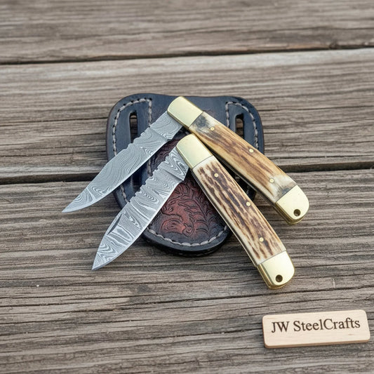 JW SteelCrafts Damascus Stag Lockback Folding Knife Set – 2-Piece Handmade Trapper Pair