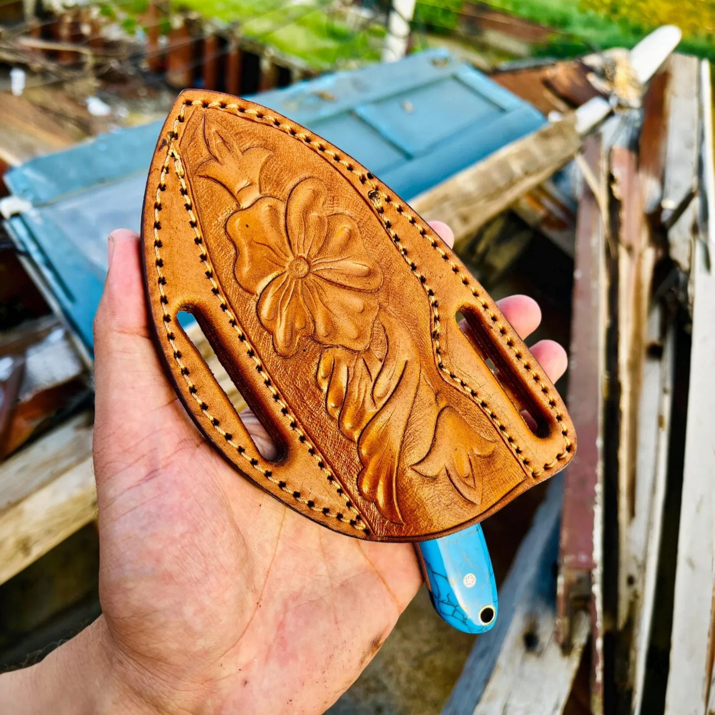 Cowboy Damascus Steel Fixed Blade Knife with Marble Handle