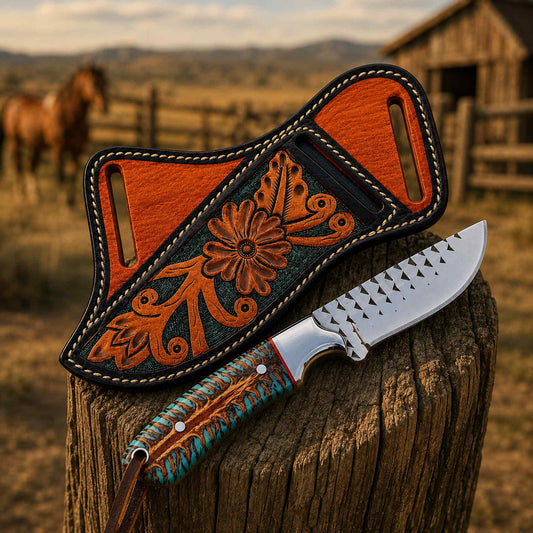 Handmade Ranch Knife | D2 Rasp Steel | Pinecone Handle & Leather Sheath