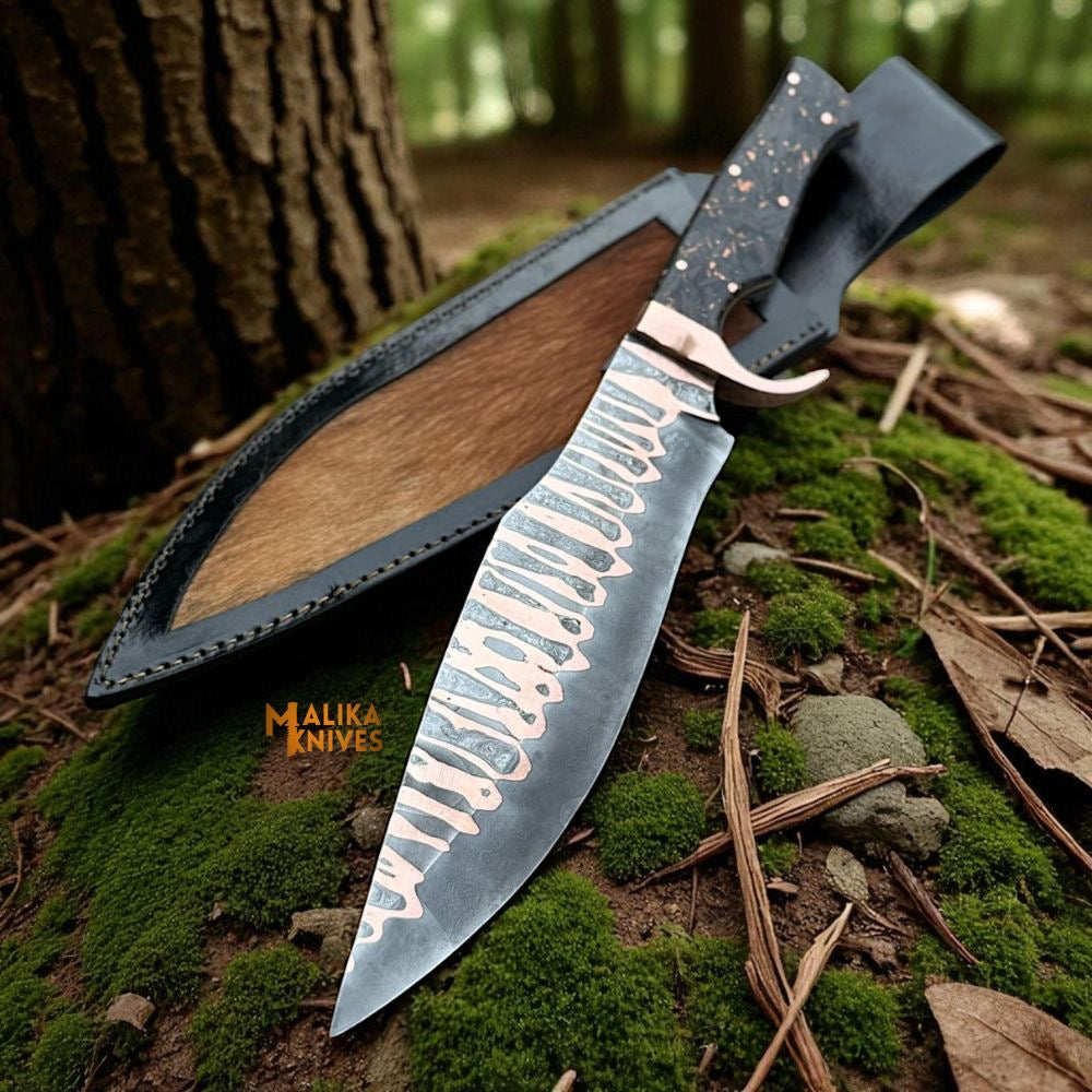 Copper Damascus Bowie Knife – Carbon Fiber & Copper Handle, Full Tang, Leather Sheath