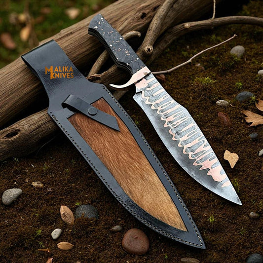 Copper Damascus Bowie Knife – Carbon Fiber & Copper Handle, Full Tang, Leather Sheath