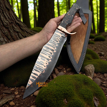 Copper Damascus Bowie Knife – Carbon Fiber & Copper Handle, Full Tang, Leather Sheath
