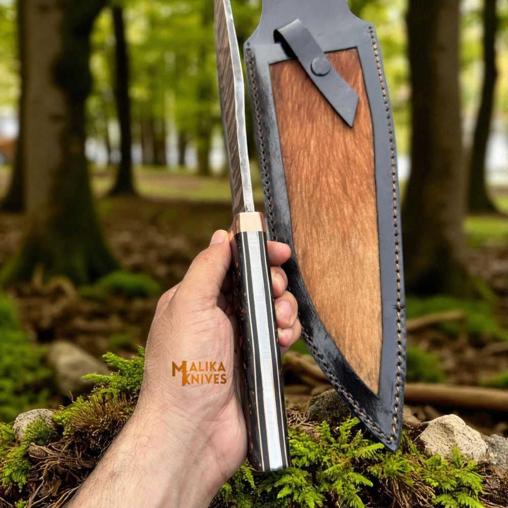Copper Damascus Bowie Knife – Carbon Fiber & Copper Handle, Full Tang, Leather Sheath