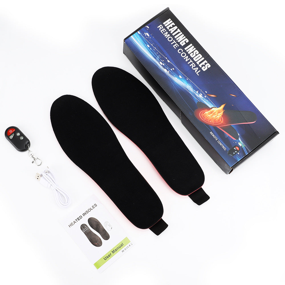 Black rechargeable heated insoles with remote control, charging cable, and retail packaging