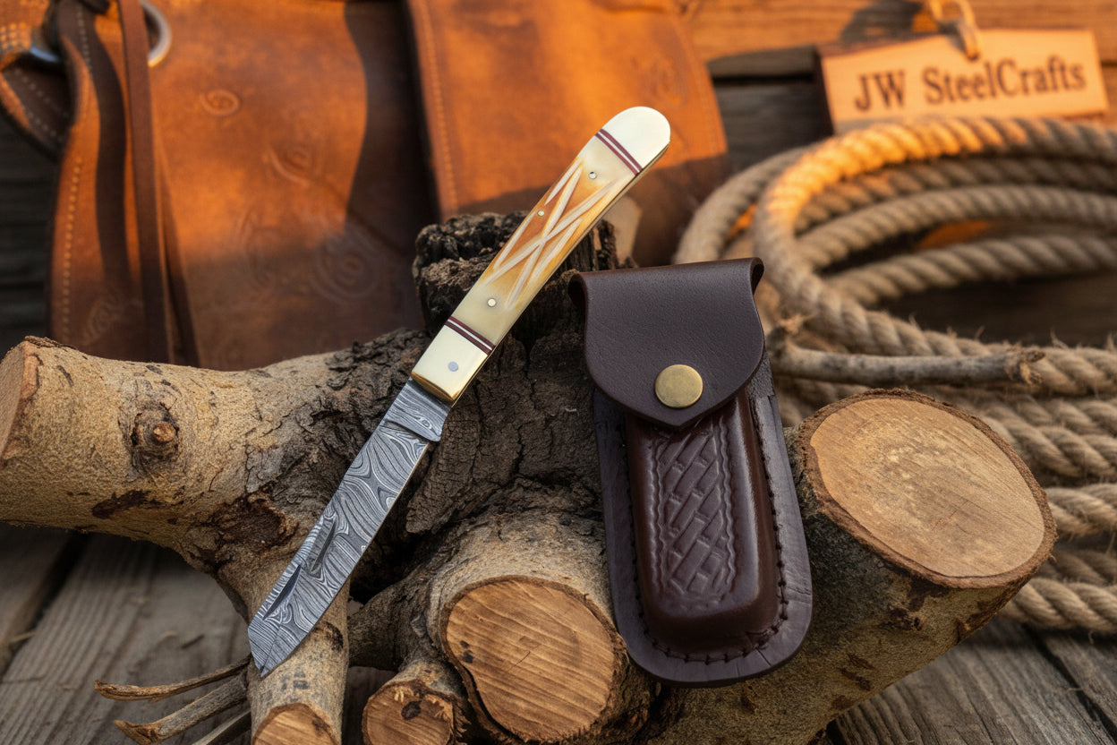 JW SteelCrafts Timberline Folding Trapper Knife – 8" Handmade Bone Handle Slipjoint EDC