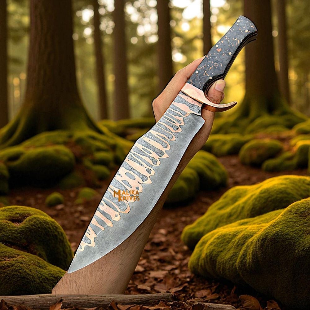 Copper Damascus Bowie Knife – Carbon Fiber & Copper Handle, Full Tang, Leather Sheath