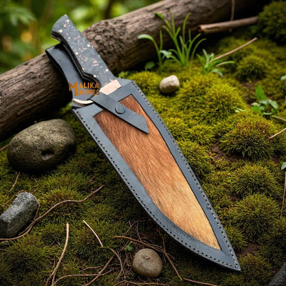 Copper Damascus Bowie Knife – Carbon Fiber & Copper Handle, Full Tang, Leather Sheath