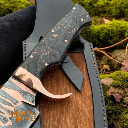Copper Damascus Bowie Knife – Carbon Fiber & Copper Handle, Full Tang, Leather Sheath