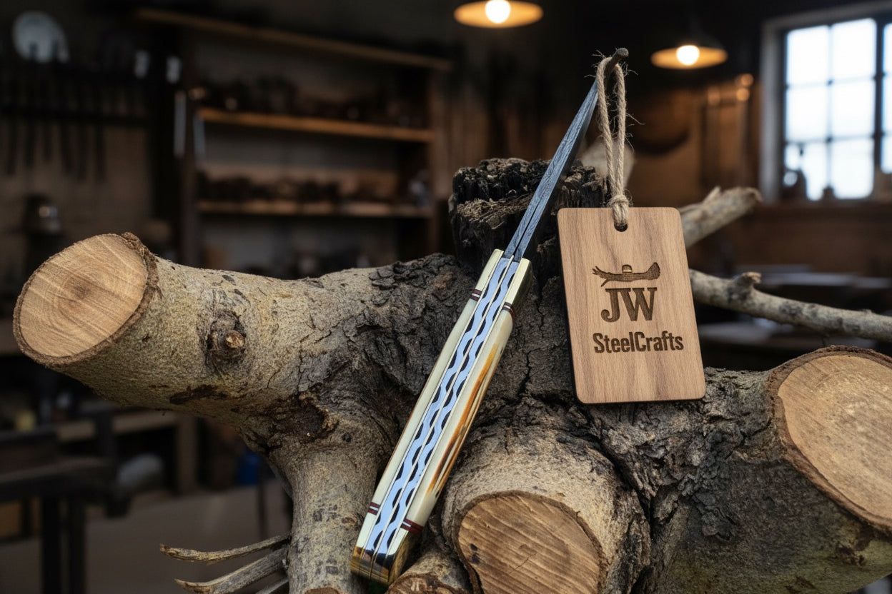 JW SteelCrafts Timberline Folding Trapper Knife – 8" Handmade Bone Handle Slipjoint EDC