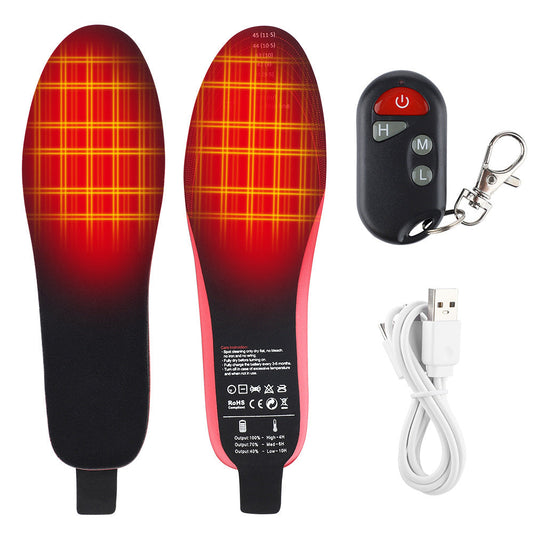 Rechargeable heated insoles with remote control and USB charging cable, shown with illustrated heating zones