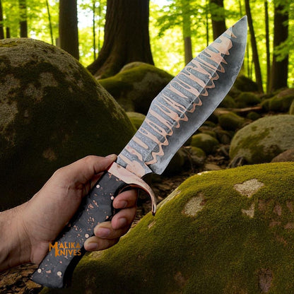 Copper Damascus Bowie Knife – Carbon Fiber & Copper Handle, Full Tang, Leather Sheath
