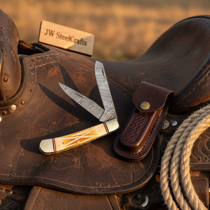 JW SteelCrafts Timberline Folding Trapper Knife – 8" Handmade Bone Handle Slipjoint EDC