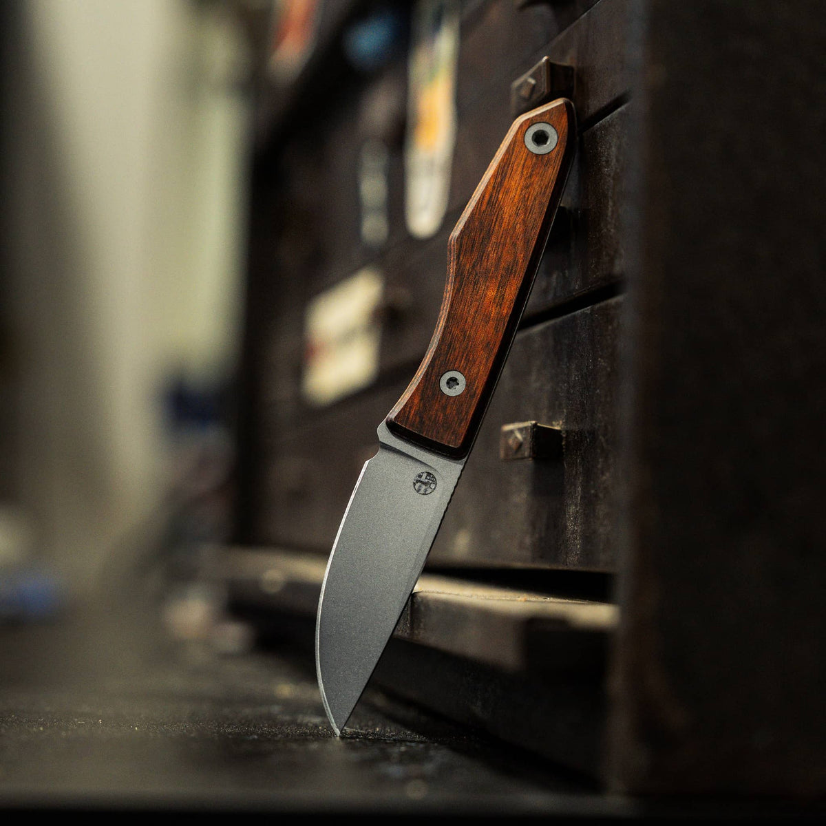Lookout drop-point knife with DymaLux Walnut handle leaning against workshop drawers
