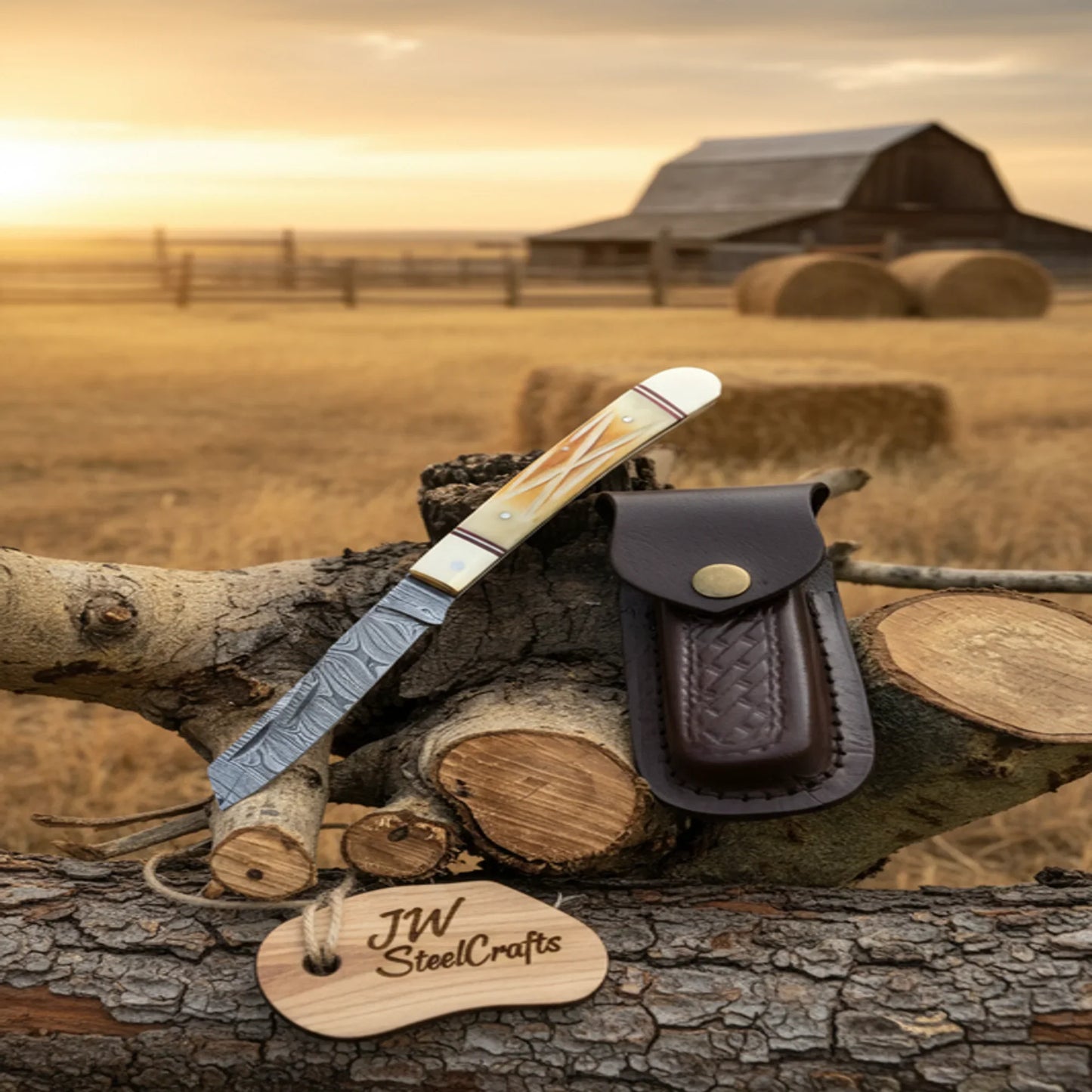 JW SteelCrafts Timberline Folding Trapper Knife – 8" Handmade Bone Handle Slipjoint EDC