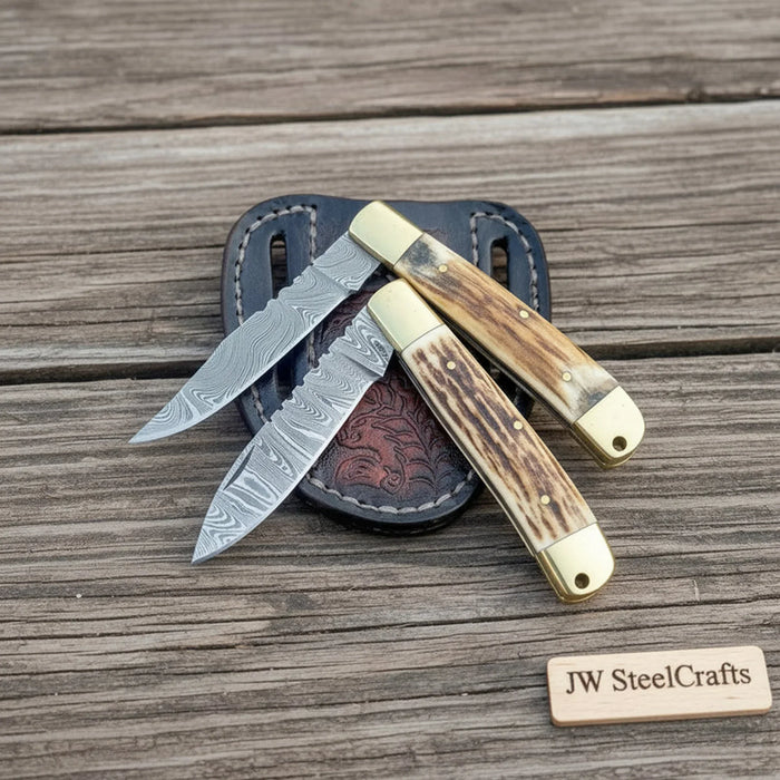 JW SteelCrafts Damascus Stag Lockback Folding Knife Set – 2-Piece Handmade Trapper Pair