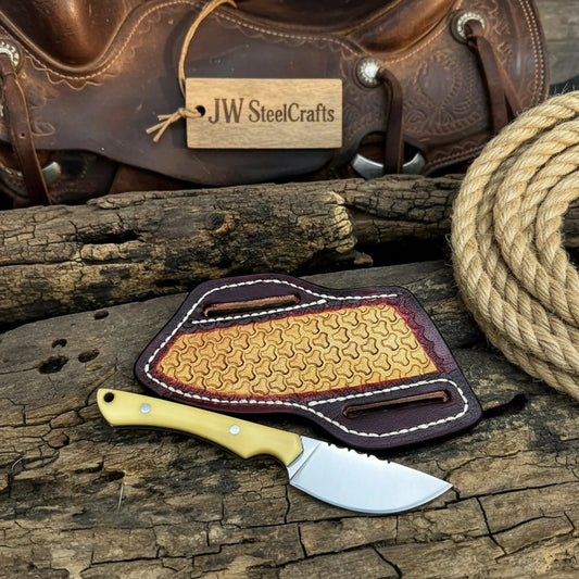 JW SteelCrafts Carbon Steel EDC Skinner Knife – Camel Bone Handle & Leather Sheath