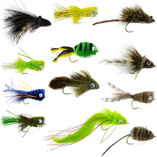 Bass Bug Collection – 12 Hand-Tied Spun Hair Bass Flies (Hook Sizes 2, 4, 6 & 8)