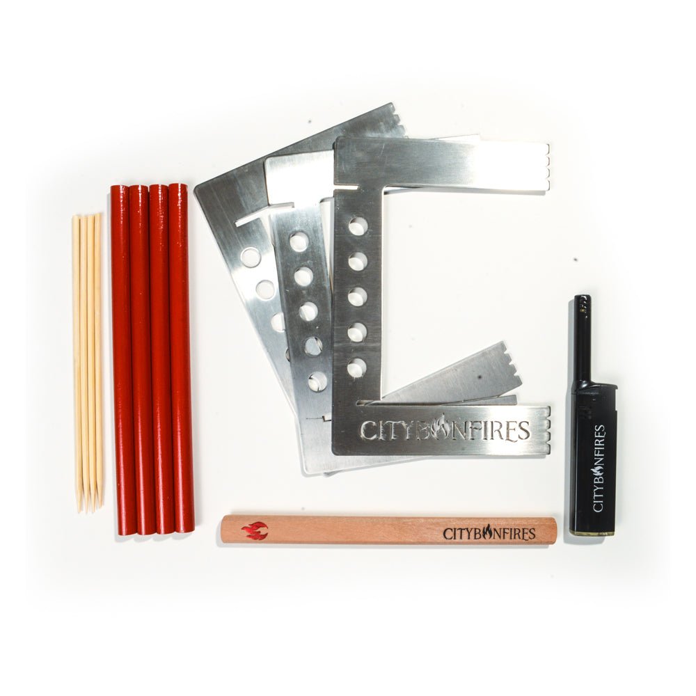 City Bonfires Camping & Cooking Accessory Pack | Camp Stove, Skewers, Lighter & Lid Buddy