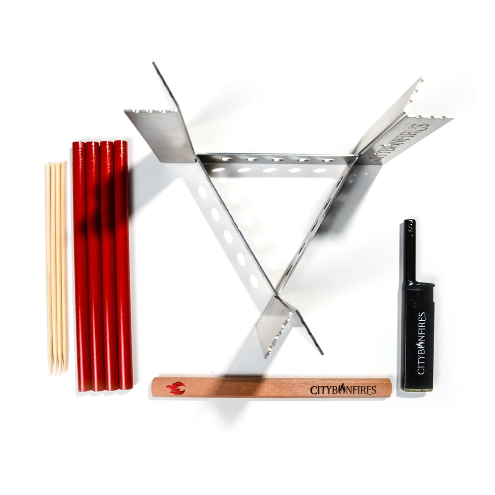 City Bonfires Camping & Cooking Accessory Pack | Camp Stove, Skewers, Lighter & Lid Buddy