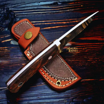 Compact D2 Hunting Knife – Rosewood Handle, 3" Blade, Stainless Guard