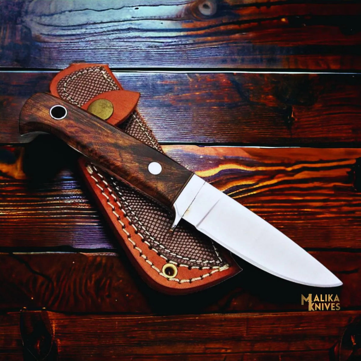 Compact D2 Hunting Knife – Rosewood Handle, 3" Blade, Stainless Guard