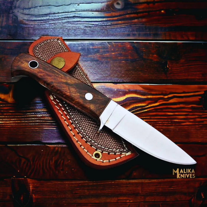 Compact D2 Hunting Knife – Rosewood Handle, 3" Blade, Stainless Guard