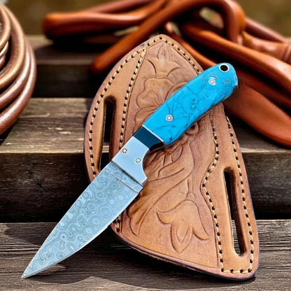 Cowboy Damascus Steel Fixed Blade Knife with Marble Handle