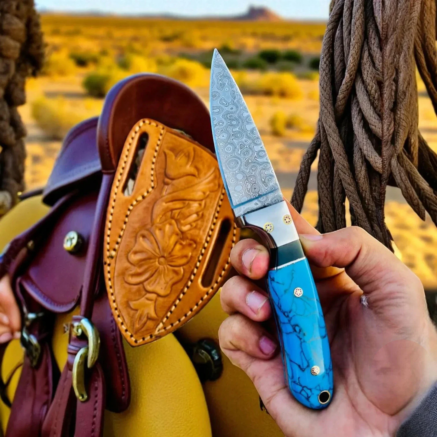 Cowboy Damascus Steel Fixed Blade Knife with Marble Handle
