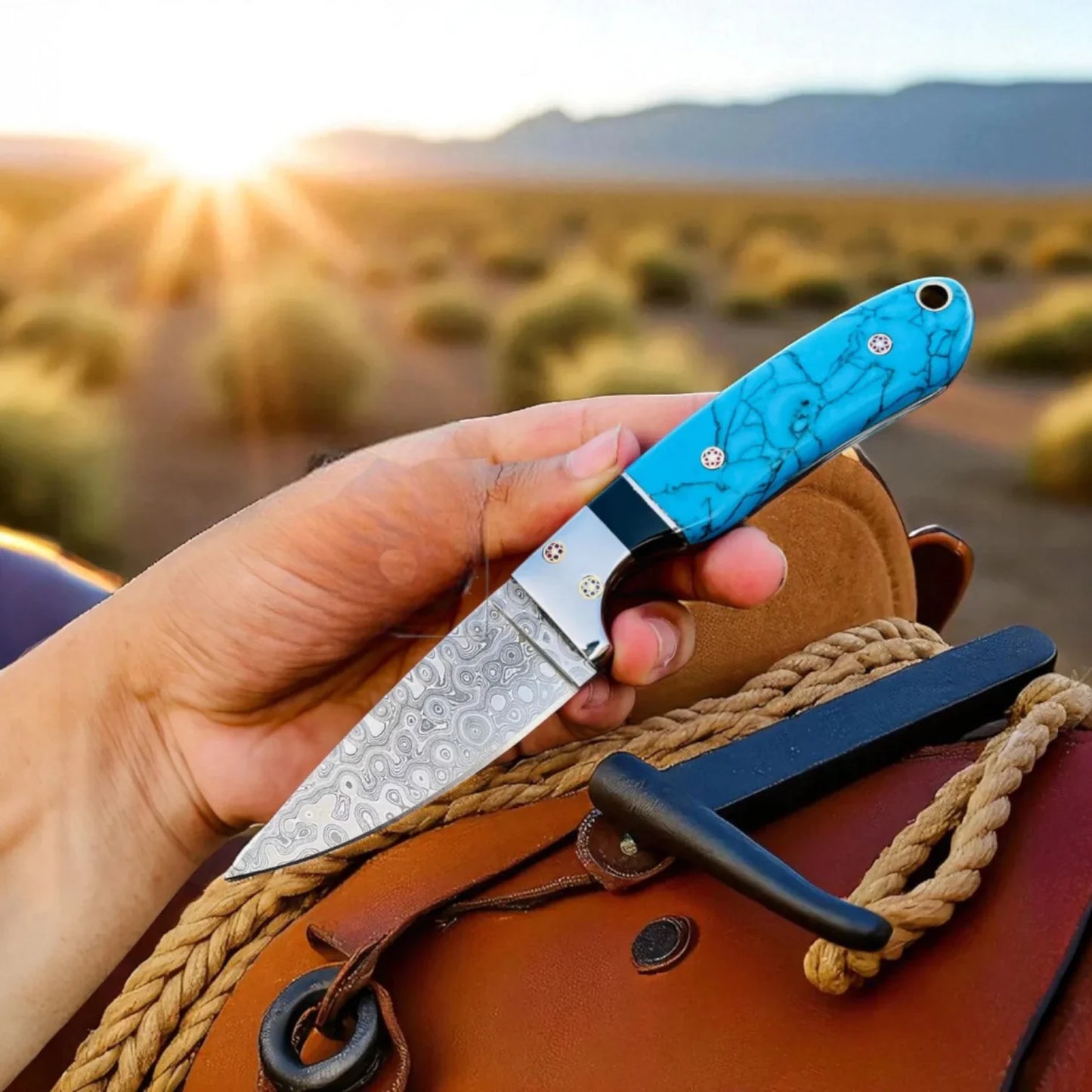 Cowboy Damascus Steel Fixed Blade Knife with Marble Handle