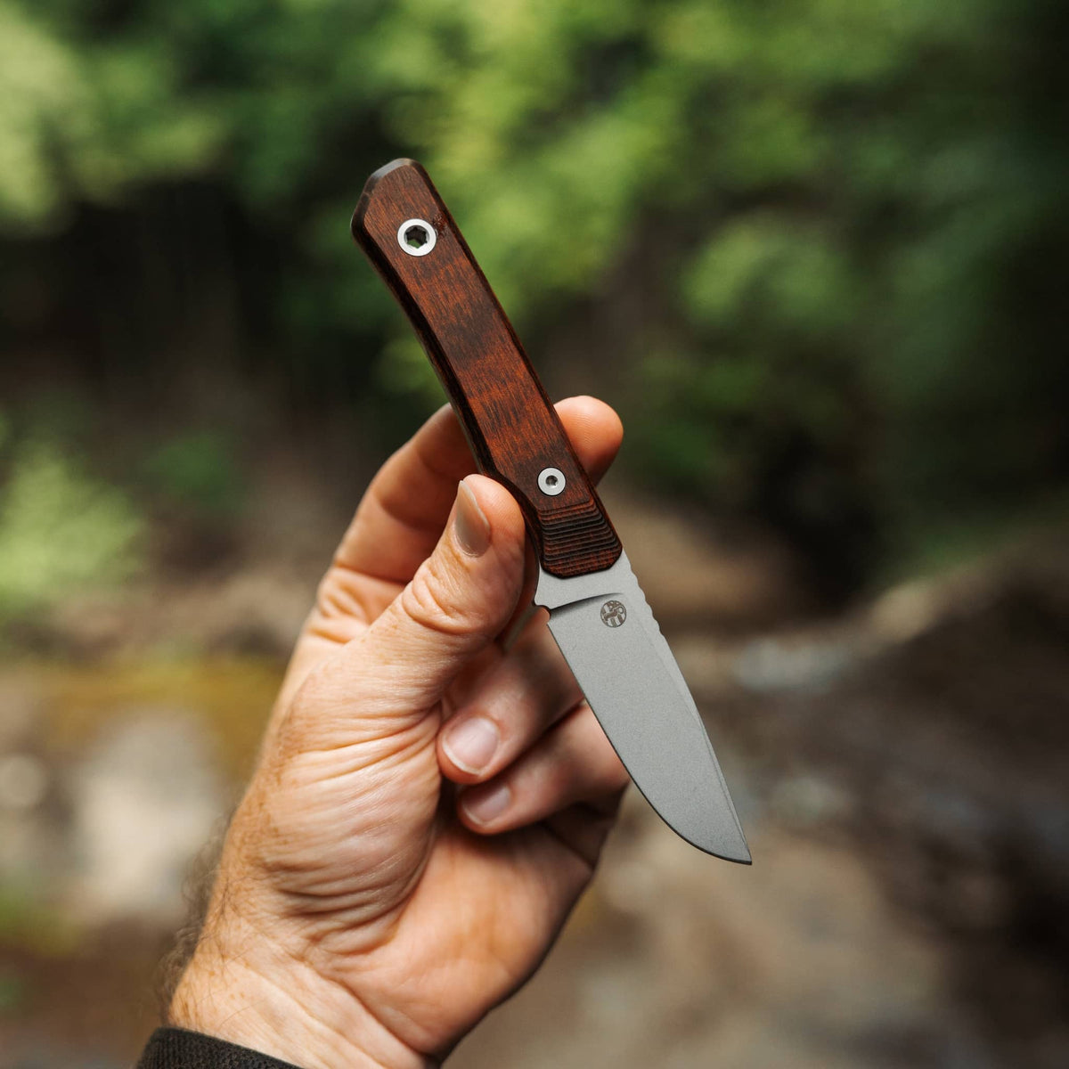 Cloudland knife with Dymalux Walnut handle held in hand outdoors