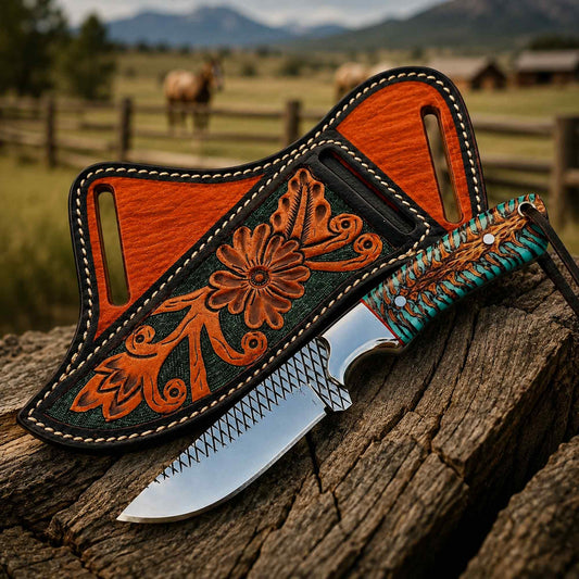 Handmade Ranch Knife | D2 Rasp Steel | Pinecone Handle & Leather Sheath
