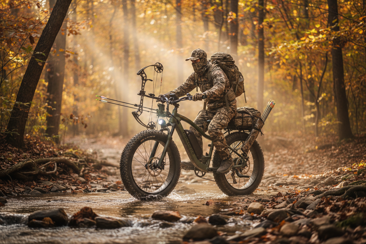 Rambo Krusader 3.0 all-wheel drive electric hunting bike on forest trail at golden hour