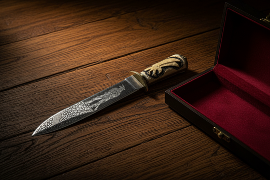 Bob Hardin Custom Bowie Knife 1989 – Serial No. 5 of 25, displayed on dark oak with velvet case