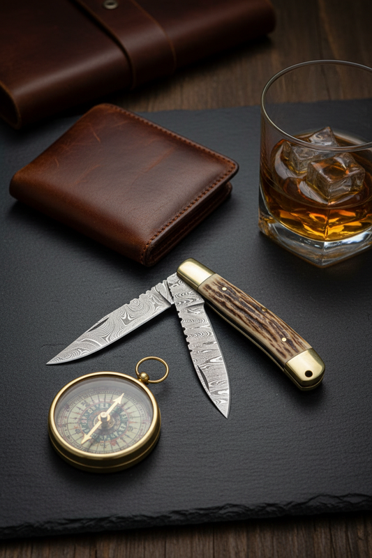 JW SteelCrafts Damascus Stag Lockback Folding Knife Set EDC flat lay lifestyle photo