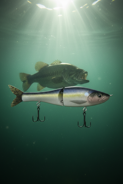 G-Ratt Baits Steve Kennedy Sneaky Pete glide bait suspended underwater with bass approaching