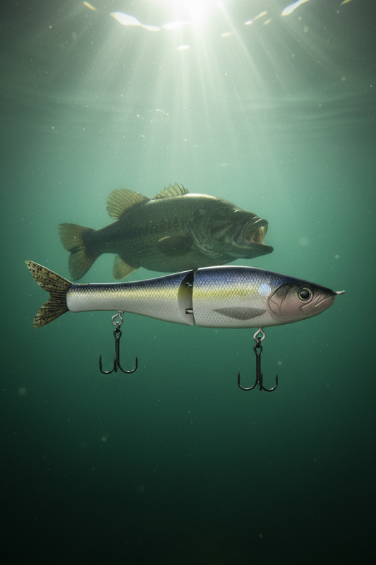 G-Ratt Baits Steve Kennedy Sneaky Pete glide bait suspended underwater with bass approaching