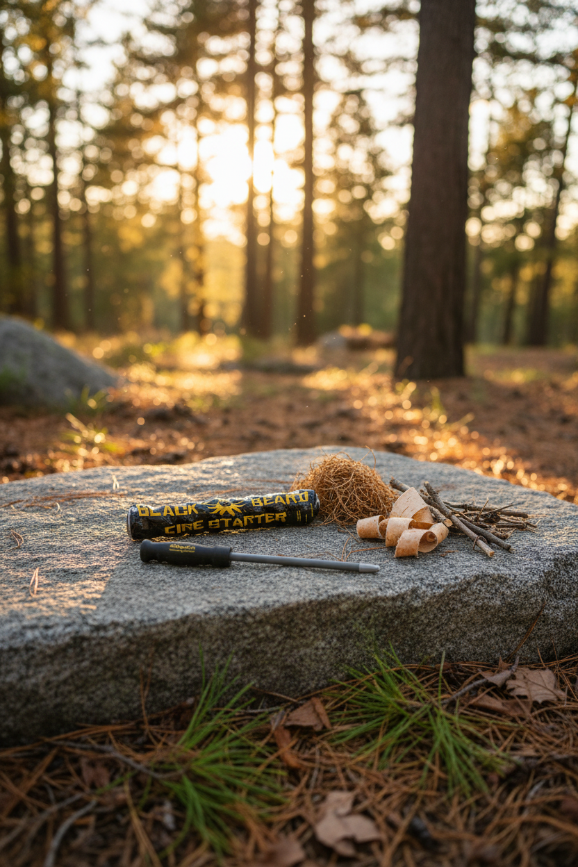 Black Beard Fire Starting Kit golden hour forest lifestyle photo