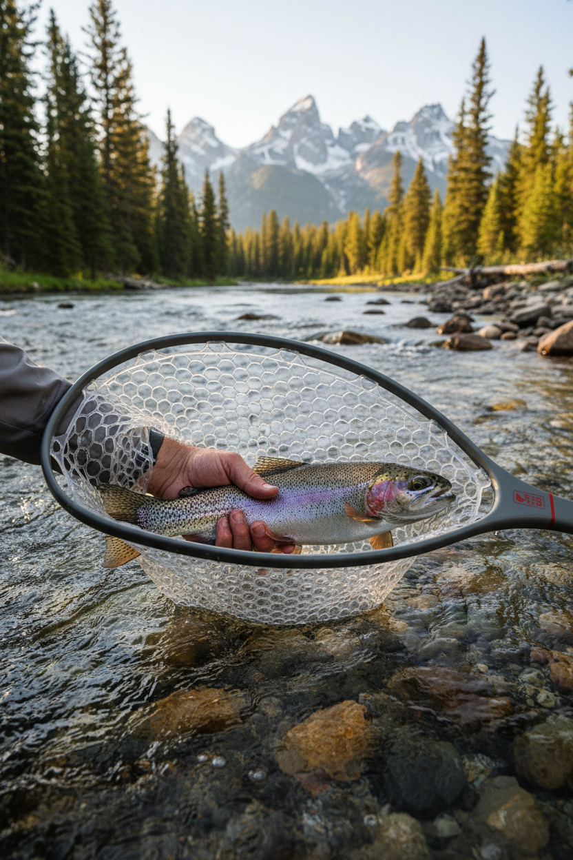 Jackson Hole Fly Co. Carbon Fiber Landing Net with rainbow trout lifestyle photo