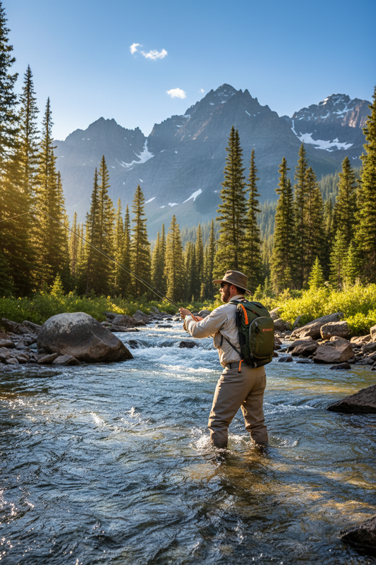 JHFLYCO 13L Fly Fishing Sling Pack mountain stream lifestyle photo