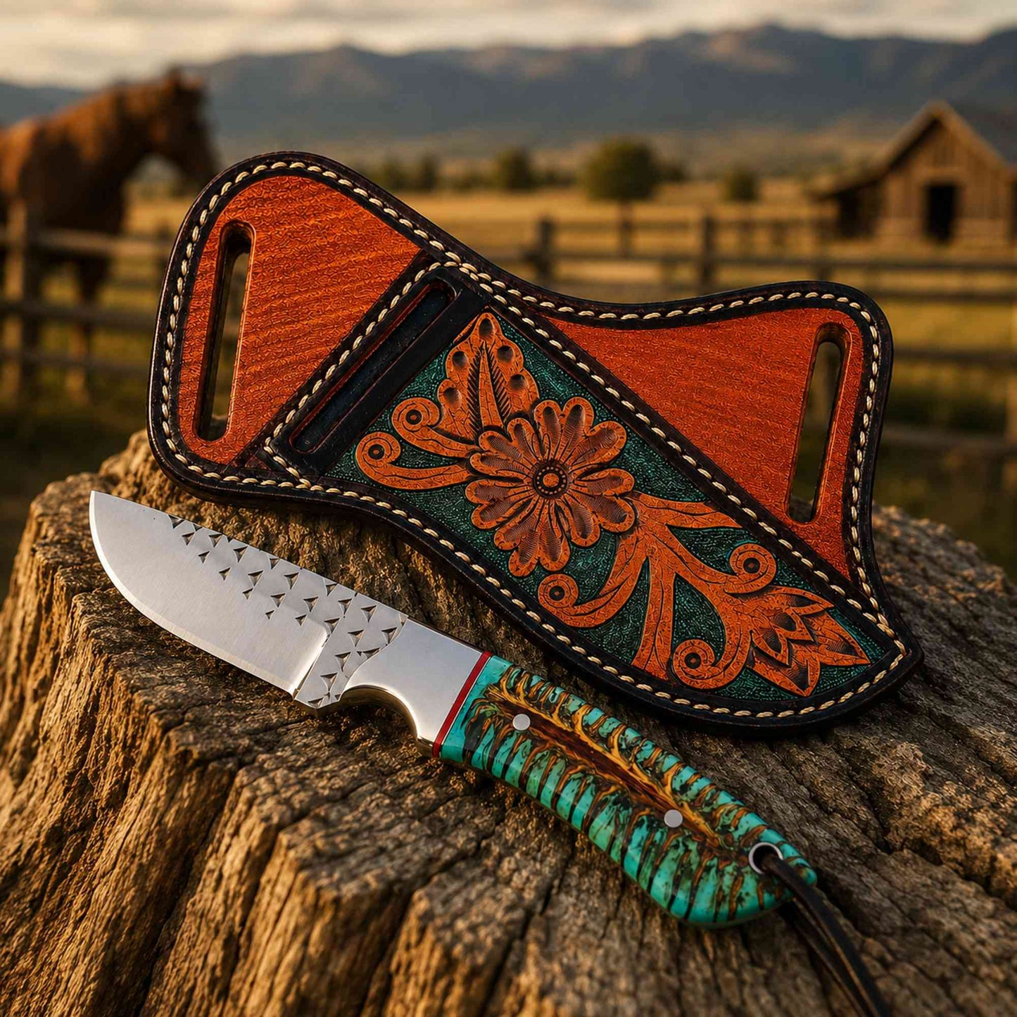 Handmade Ranch Knife | D2 Rasp Steel | Pinecone Handle & Leather Sheath